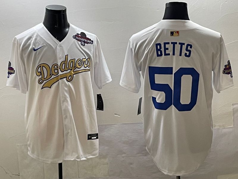 Men Los Angeles Dodgers 50 Betts White Champion gold character 2025 Nike MLB Jersey style 3312